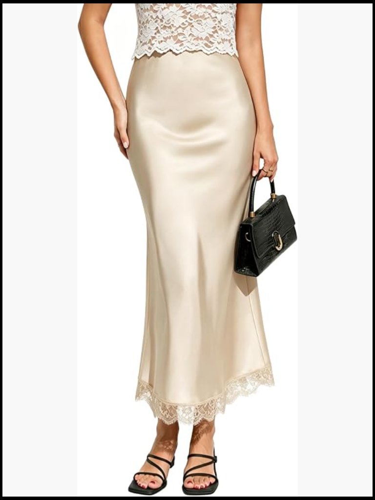 Satin Lace Hem Maxi Skirt High Waist Flowy A-Line Fishtail Elegant